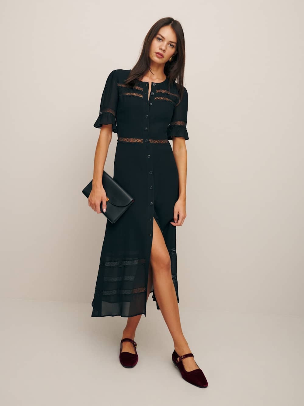 Reformation Woodson black lace midi dress